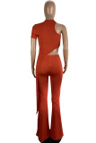 Tangerine Red Casual Solid Color Hollow Out Patchwork O Neck Short Sleeve Two Pieces