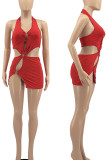 Red Sexy Solid Hollowed Out Patchwork Asymmetrical Halter Pencil Skirt Dresses