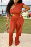 Tangerine Red Casual Solid Color Hollow Out Patchwork O Neck Short Sleeve Two Pieces