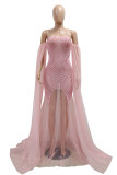 Pink Sexy Formal Solid Color Patchwork Backless Pearls Decor Hot Drill Strapless Evening Dresses