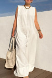 Red Casual Solid Color Basic O Neck Loose Jumpsuits