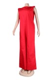 Red Casual Solid Color Basic O Neck Loose Jumpsuits