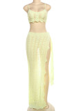 Yellow Sexy Solid Color Backless High Slit Patchwork Spaghetti Strap Sleeveless Two Pieces