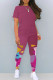 Fuchsia Casual Gradient Color Patchwork O Neck Short Sleeve Two Pieces