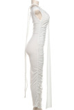 White Celebrities Solid Color Ruched Patchwork Off Shoulder Long Dresses