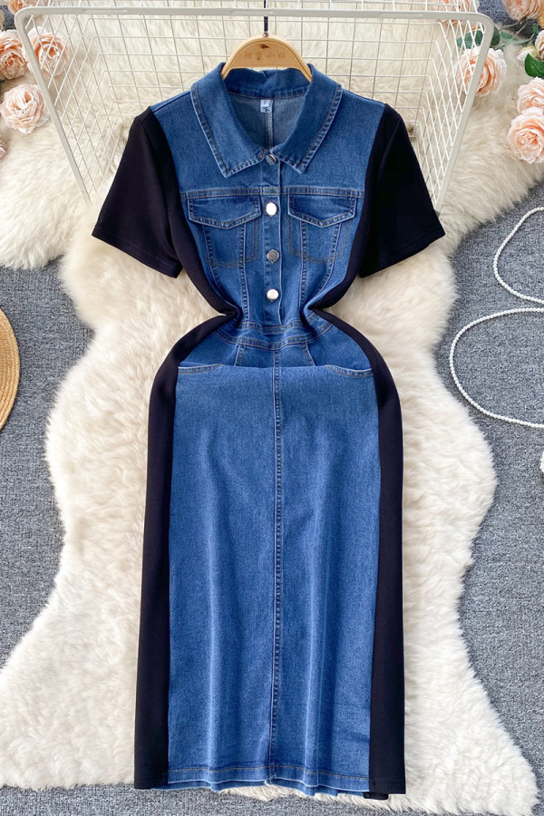 Blue Casual Pocket Buckle Slit Patchwork Contrast Turndown Collar Straight Dresses