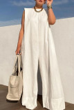 Red Casual Solid Color Basic O Neck Loose Jumpsuits
