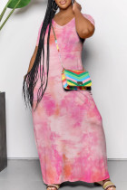 Rose Red Casual Gradient Color Pocket Patchwork V Neck Straight Dresses