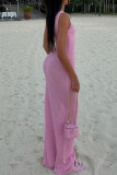 Pink Celebrities Solid Color Patchwork O Neck Long Dresses