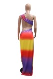 Colour Sexy Print Hollow Out Backless Slit Irregular Oblique Collar Long Dresses