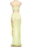 Yellow Sexy Solid Color Backless High Slit Patchwork Spaghetti Strap Sleeveless Two Pieces