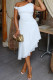 White Celebrities Solid Color Patchwork Irregular Hem Oblique Collar Irregular Dresses