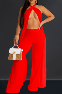 Red Sexy Solid Color Hollow Out Backless Patchwork Halter Sleeveless Two Pieces