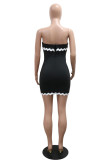 Black Sexy Casual Ripple Patchwork Backless Contrast Strapless Wrapped Skirt Dresses