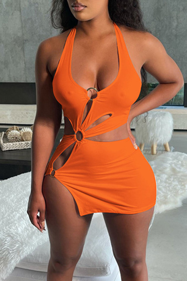 Tangerine Sexy Solid Hollowed Out Patchwork Asymmetrical Halter Pencil Skirt Dresses