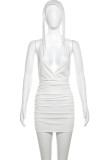 White Sexy Solid Color Patchwork Deep V Neck Wrapped Skirt Dresses