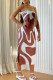 Reddish Brown Celebrities Print Backless Slit Patchwork Strapless Long Dresses