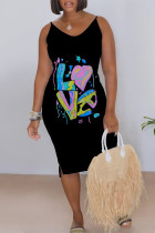 Blue Pink Casual Daily Leopard Print Letter Print V Neck Sling Dresses