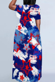 Blue Red Casual Print Patchwork O Neck Straight Dresses