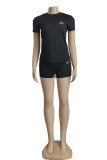 Black Casual Daily Letter Print Embroidered O Neck Short Sleeve Two Pieces