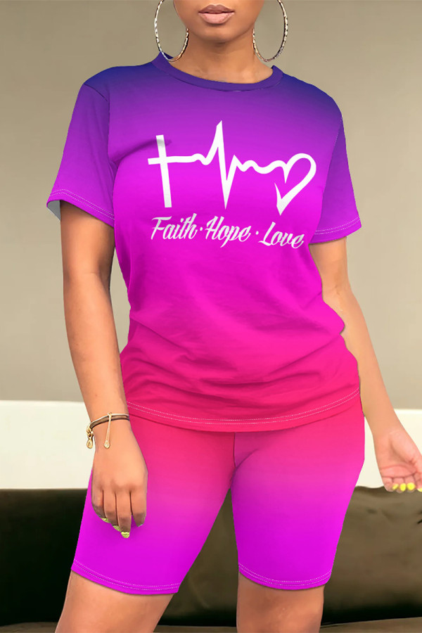 Fuchsia Casual Daily Gradient Print Letter Print Contrast O Neck Short Sleeve Two Pieces
