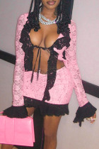 Pink Black Sexy Lace Hollow Out Strap Design Patchwork Cardigan Collar Long Sleeve Two Pieces