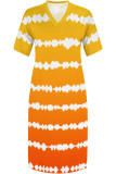 Orange Casual Street Striped Print Pocket Contrast V Neck Printed Plus Size Dresses