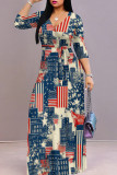 Blue Red Casual Print Strap Design Patchwork V Neck Long Dresses