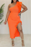 Orange Casual Solid Backless Slit Oblique Collar Sleeveless Two Pieces