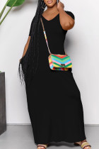 Black Casual Solid Color Pocket Patchwork V Neck Long Dresses