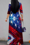 Blue Red Casual Print Strap Design Patchwork V Neck Long Dresses
