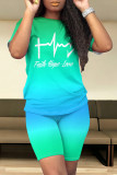 Green Blue Casual Daily Gradient Print Letter Print Contrast O Neck Short Sleeve Two Pieces