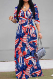 Blue Red Casual Print Strap Design Patchwork V Neck Long Dresses