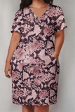 Brown Casual Animal Print Snakeskin Print Pocket V Neck Printed Plus Size Dresses
