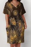 Brown Casual Animal Print Snakeskin Print Pocket V Neck Printed Plus Size Dresses