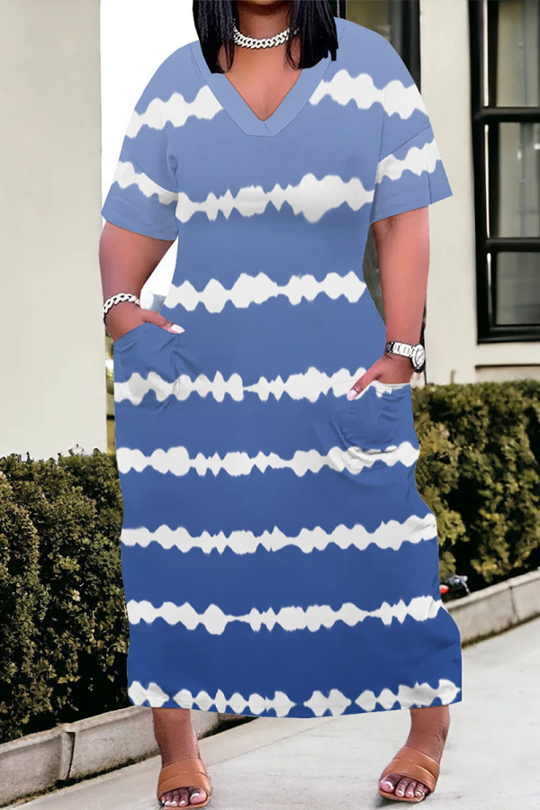 Blue Casual Street Striped Print Pocket Contrast V Neck Printed Plus Size Dresses