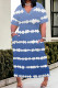 Blue Casual Street Striped Print Pocket Contrast V Neck Printed Plus Size Dresses