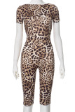 Leopard Print Street Leopard Print Patchwork O Neck Skinny Rompers