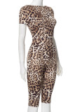 Leopard Print Street Leopard Print Patchwork O Neck Skinny Rompers
