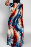 Blue Red Casual Print Patchwork O Neck Straight Dresses