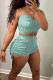 Green Casual Solid Color Draw String Backless Ruched Patchwork Spaghetti Strap Sleeveless Two Pieces