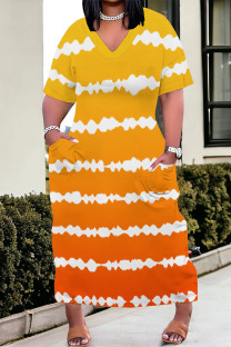 Orange Casual Street Striped Print Pocket Contrast V Neck Printed Plus Size Dresses