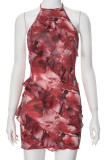 Red Sexy Print Backless Strap Design Patchwork Ruffled Trim O Neck Wrapped Skirt Dresses