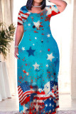 Blue Red Casual Print Patchwork O Neck Straight Dresses