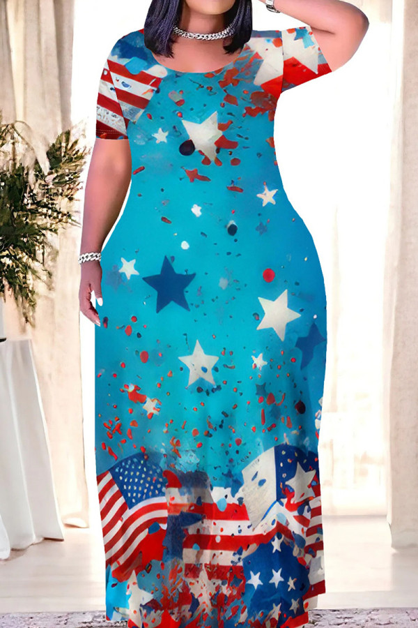 Cyanine Casual Print Patchwork O Neck Straight Dresses