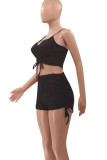Blue Casual Solid Color Draw String Backless Ruched Patchwork Spaghetti Strap Sleeveless Two Pieces