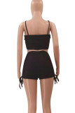 Blue Casual Solid Color Draw String Backless Ruched Patchwork Spaghetti Strap Sleeveless Two Pieces