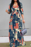 Blue Red Casual Print Strap Design Patchwork V Neck Long Dresses