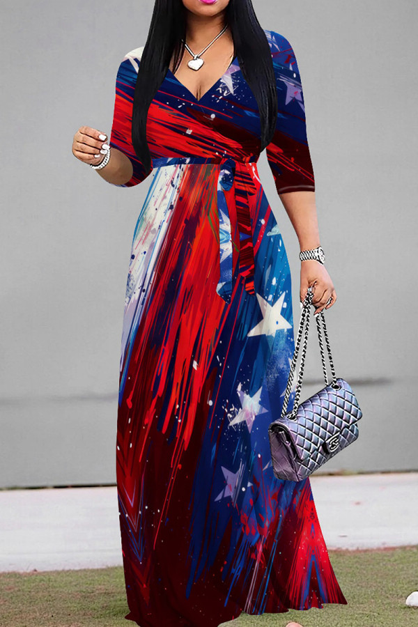 Dark Blue Casual Print Strap Design Patchwork V Neck Long Dresses