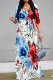 Blue Red Casual Print Strap Design Patchwork V Neck Long Dresses